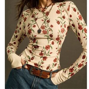 Boho Floral Print Crew Neck Long Sleeve Thumbhole Top XS S M L